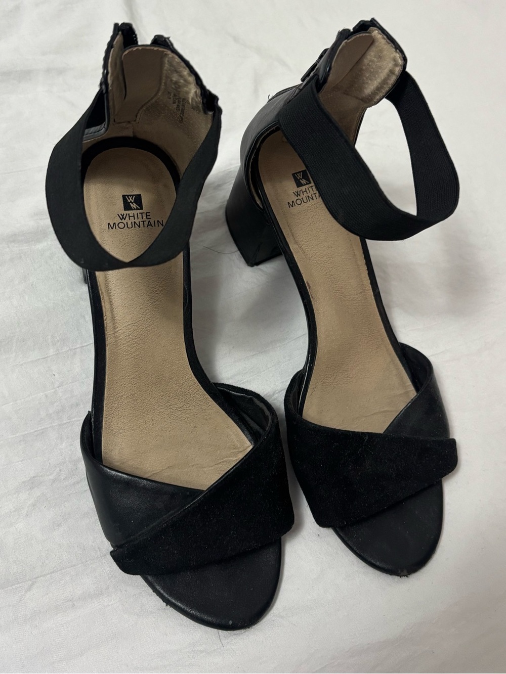 White Mountain Black Ankle-Strap Block Heels with Wide Elastic